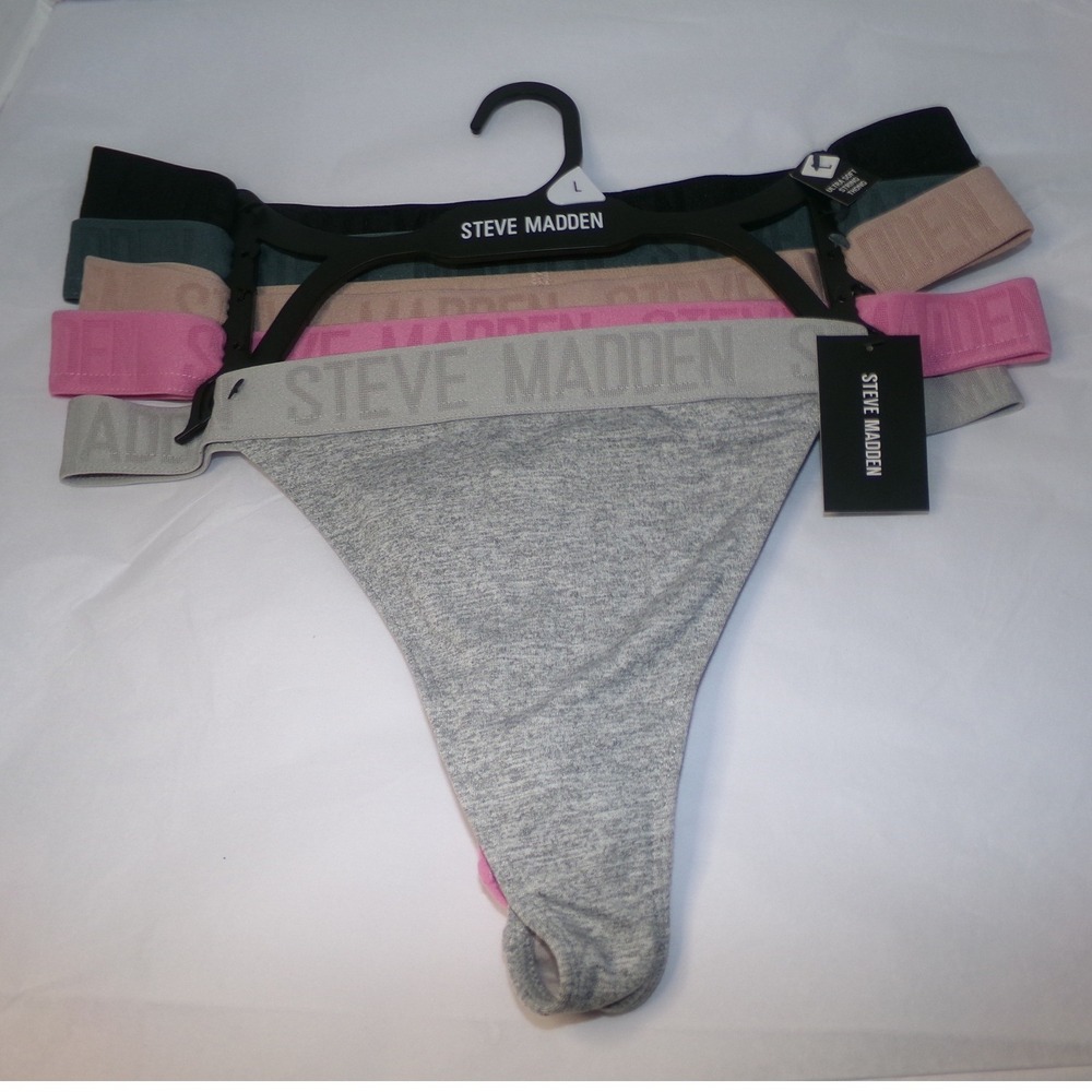Steve Madden Womens 5 Pack Ultra Soft Thong Underwear Logo Waistband  L